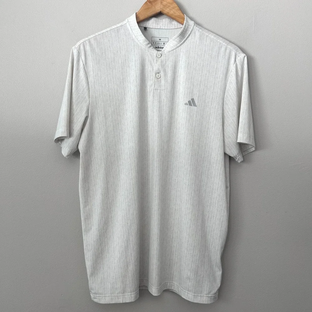 Adidas Golf Shirt Men M White Grey Striped Henley Banded Collar Short Sleeve